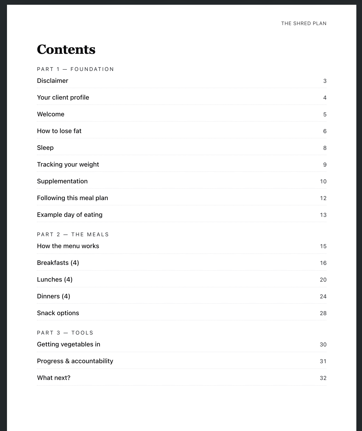 Shred Weight Loss Meal Plan contents
